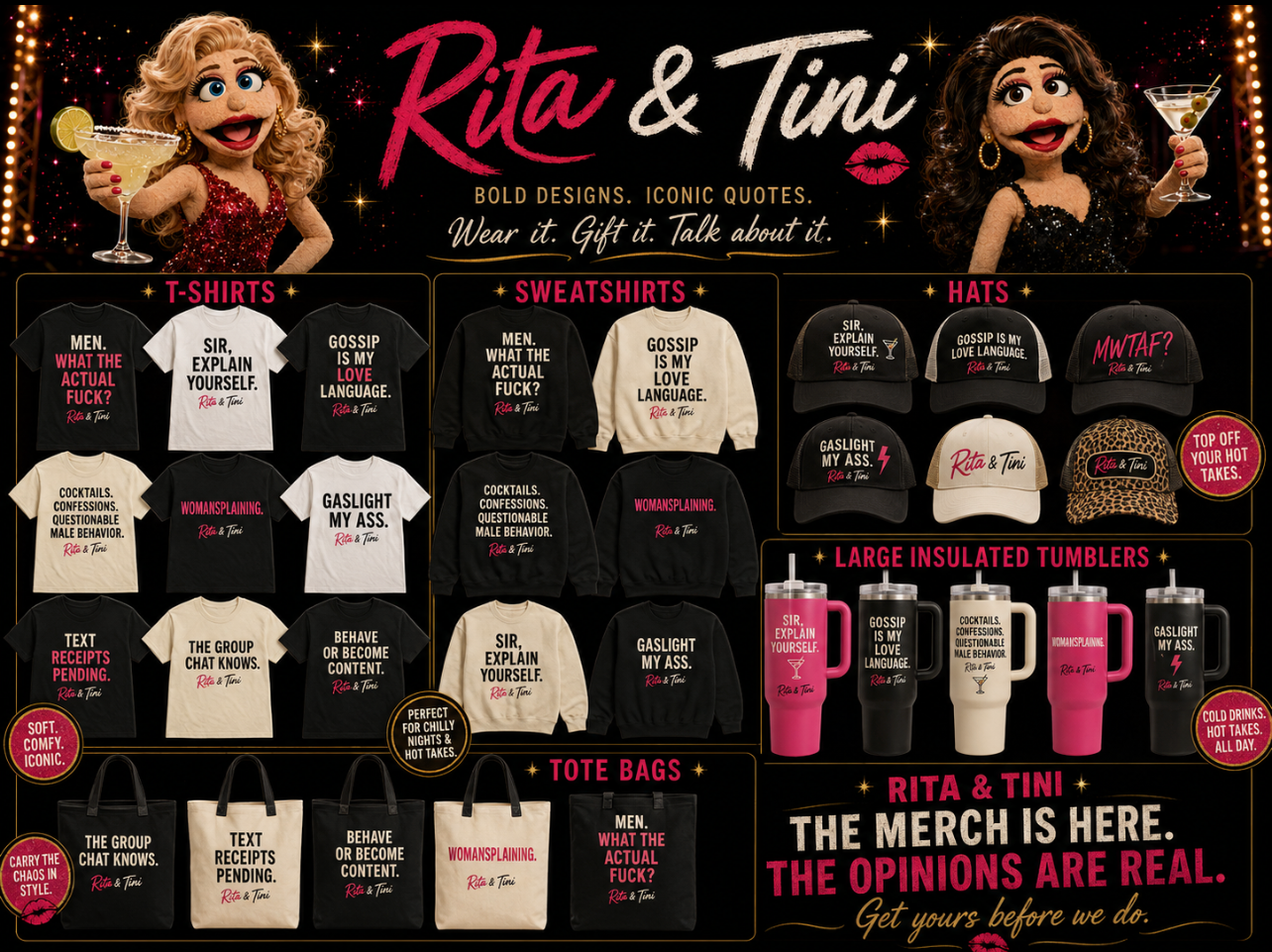 Rita & Tini merch lookbook featuring t-shirts, sweatshirts, hats, tumblers and tote bags